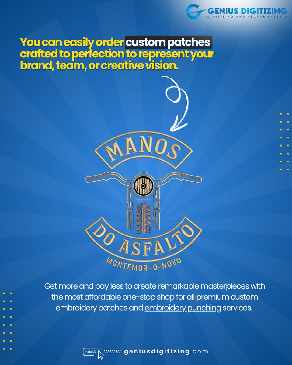Get more and pay less with our affordable one-stop shop for premium embroidery patches and punching services.

Let's bring your vision to life. Visit our website to start your custom patch order"
geniusdigitizing.com

#BrandIdentity #Custom #TeamPatches #BrandedMerchandise