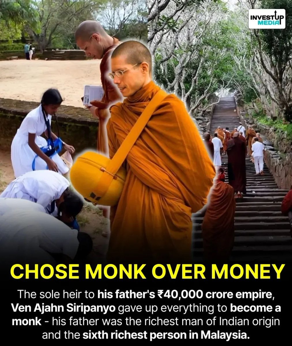 BerenMK73019710's tweet photo. I felt sharing the story of Ajahn Siripanyo will bring light to great monks who follow the spiritual path of the Dhamma and their commitment.

Ajahn Siripanyo is the only son of the late Ananda Krishnan, one of Malaysia's wealthiest tycoons with an estimated net worth of over US$5 billion. His father's business empire spanned telecommunications (Maxis), media (Astro), and energy. Despite being groomed to take over this massive legacy, Siripanyo chose to walk away from material wealth at the age of 18. 

His path to monastic life began almost by accident during a visit to Thailand to pay respects to his mother’s family. 
The "Temporary" Retreat: At 18, he decided to temporarily ordain at a Buddhist retreat for fun and curiosity.

What was meant to be a short-term experience transformed into a lifelong commitment as he found profound peace in the simplicity and discipline of the forest monk tradition.

For over 20 years, Ajahn Siripanyo has lived as a forest monk, strictly adhering to the Thai Forest Tradition. He currently serves as the Abbot of the Dtao Dum Monastery, a remote hermitage located near the Thailand-Myanmar border.

Let's bow to the great Monks/Sangha. 

Sadhu ! Sadhu ! Sadhu!
#Walk_For_Peace 
#Buddha #BuddhistMonks 
#Buddhism 
Namo Buddhaya 🪷☸️⛩️