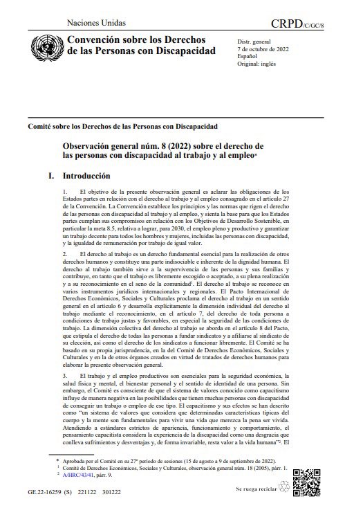 #JuevesDePublicaciones 📚El Comité sobre los Derechos de las Personas con #Discapacidad de ONU publicó la Observación general núm. 8 (2022) sobre el derecho de las personas con discapacidad al trabajo. Un estándar clave para avanzar en igualdad y justicia laboral.