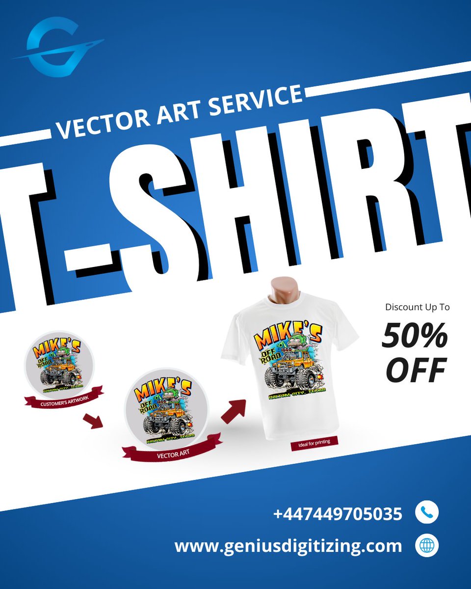 Get 50% off right now and see the difference proper vector conversion makes.

Crisp, scalable designs perfect for screen printing, heat transfer, and DTG printing.

Call now at +447449705035 or visit geniusdigitizing.com

#VectorArtService #TshirtDesign #PrintReady