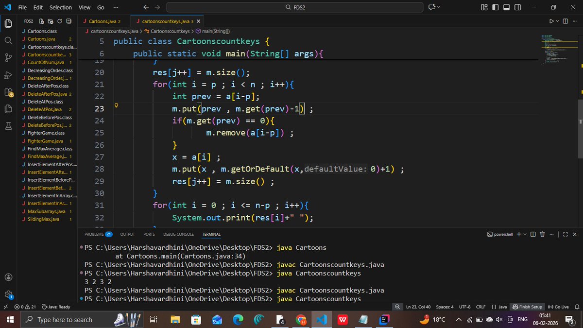 vardhini_h59477's tweet photo. Today I solved a DSA problem using the Sliding Window concept 🪟
Used HashSet in Java to count unique values in each window efficiently.
Learning step by step 💪
#DSA #Java #SlidingWindow #HashSet #LearningJourney 🚀 https://t.co/E69hDg0iq8