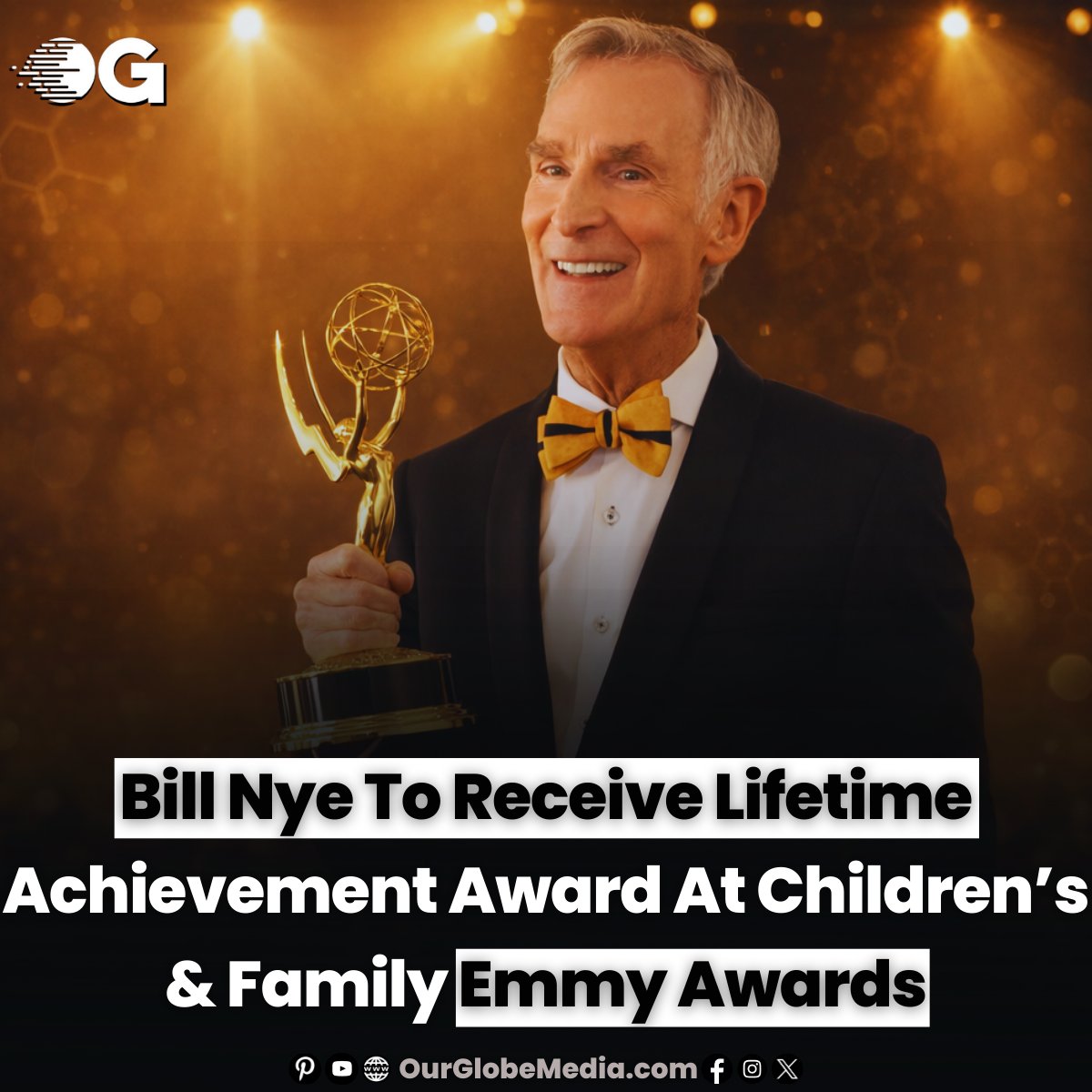OurGlobeMedia's tweet image. Bill Nye the Science Guy will receive a Lifetime Achievement Award at the Children and Family Emmys on March 1. NATAS honors the 70 year old for instilling a love of science in generations. This follows his 2025 Presidential Medal of Freedom.

#BillNye #ScienceGuy #Emmys #Science