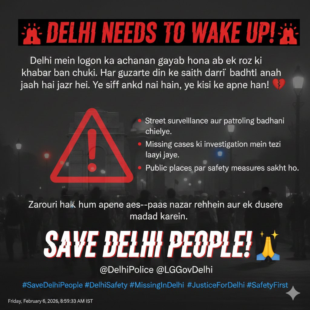 🚨 DELHI NEEDS TO WAKE UP! 🚨
Delhi mein logon ka achanak gayab hona ab ek roz ki khabar ban chuki hai. Har guzarte din ke saath darr badhta ja raha hai. Ye sirf aankde (data) nahi hain, ye kisi ke apne hain! 💔
⚠️ Hum sabko milkar awaaz uthani hogi: #savedelhipeople
