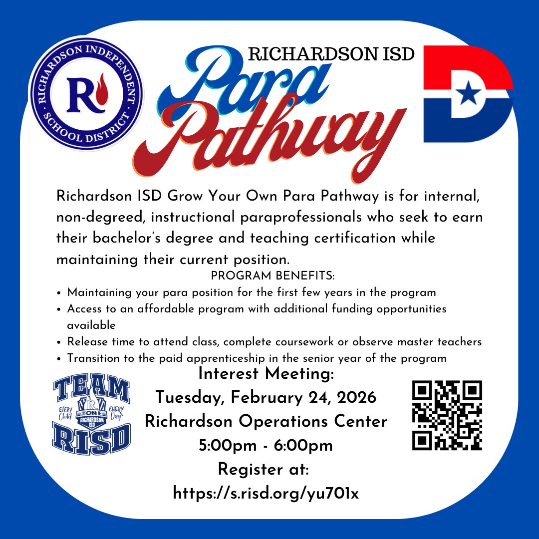 RISD_HR's tweet photo. @RISD_HR is excited to share that we are partnering with @DallasCollege to host an interest meeting for our 4th Para-to-Teacher cohort meeting for paraprofessionals who are interested in completing their degree and earning their teacher certification.  Register today! https://t.co/lp8wTtEUTN