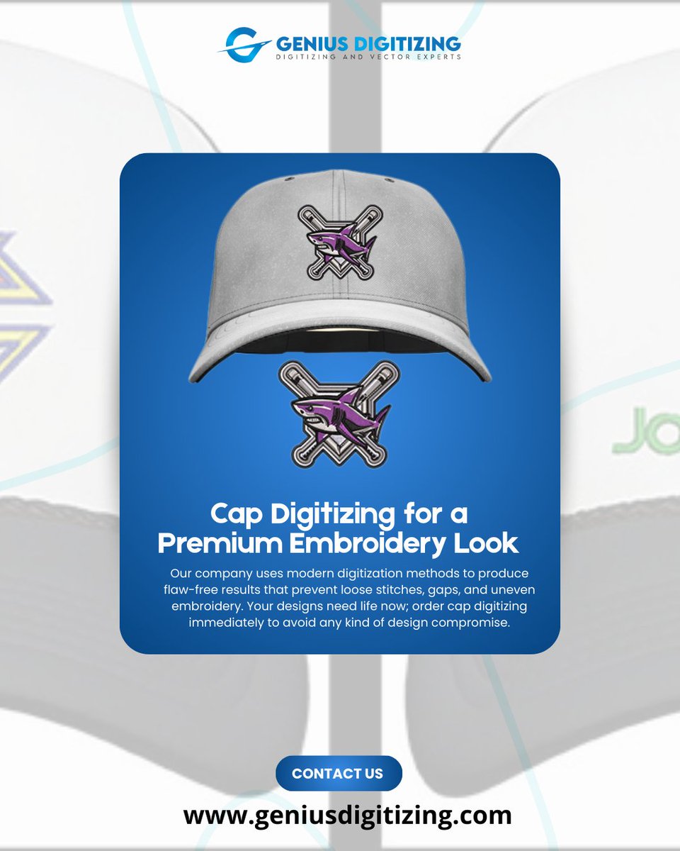 We use modern methods to produce flawless results that prevent loose stitches, gaps, and uneven embroidery.

Your designs need life now order cap digitizing immediately to avoid design compromise.

Contact us today for flawless cap embroidery designs.
geniusdigitizing.com