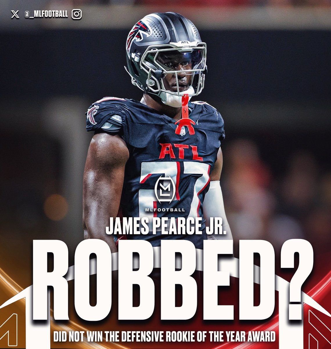 WAS #FALCONS DE JAMES PEARCE JR. ROBBED OF THE 2025 #NFL DEFENSIVE ROOKIE OF THE YEAR AWARD…?

17 games
26 tackles 
10.5 sacks (led all rookies)
1 FF
1 FR
5 PD
10 TFLs
Broke Falcons rookie sack record
Most sacks by a rookie since Micah Parsons

One hell of a pick by Atlanta.