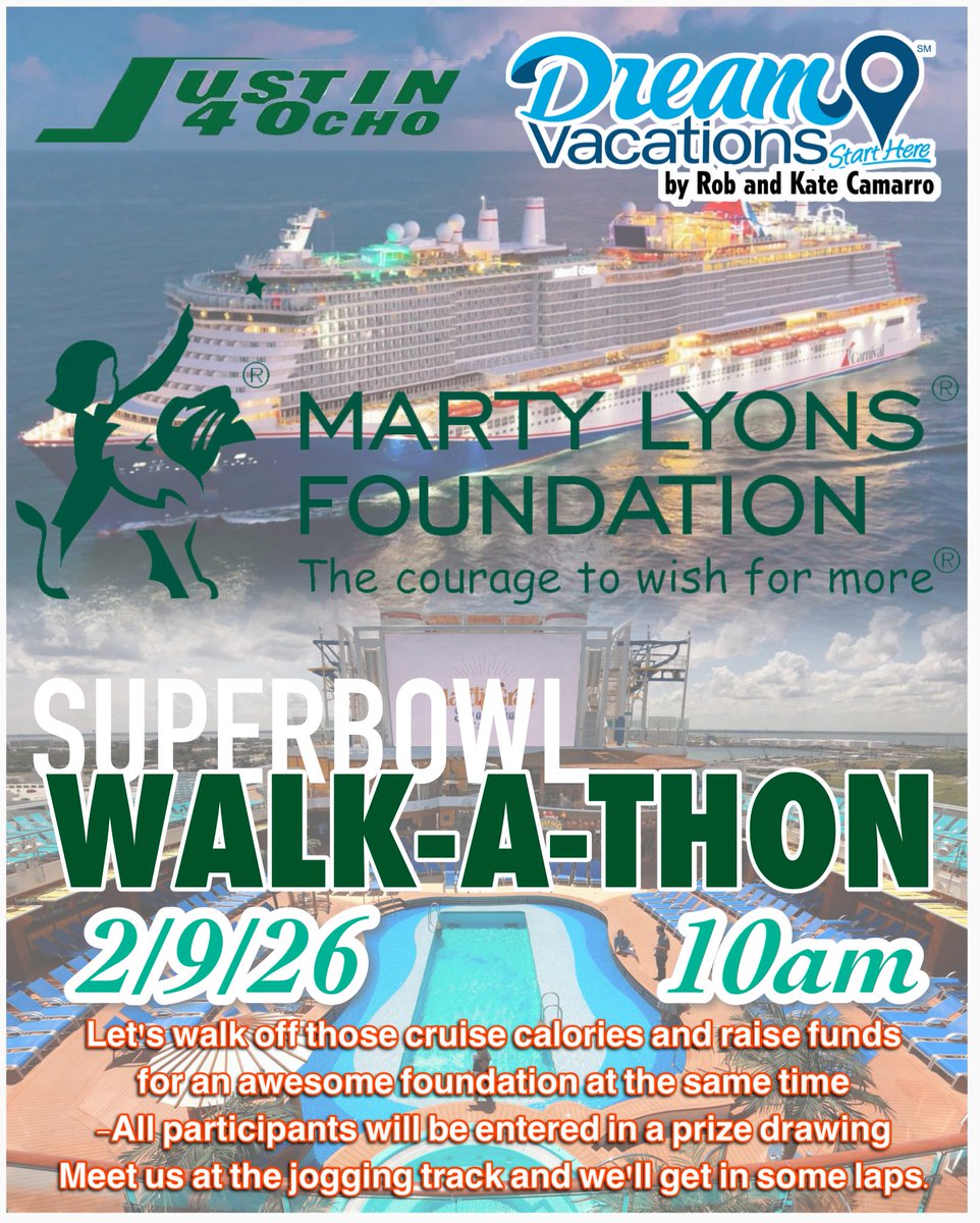 SUPER BOWL WALK-a-THON!!!! 
🚢 <a href="/CarnivalCruise/">Carnival Cruise Line</a> 
🏝️ <a href="/sailaway_family/">Sail Away Family</a> &amp; 
🙋 <a href="/Justin4ocho/">𝑱̲̅𝒖̲̅𝒔̲̅𝒕̲̅𝒊̲̅𝒏̲̅ 48</a> 

🏈 <a href="/martylyonsfdn/">Marty Lyons Foundation</a> 
are working together 
to raise donations to grant wishes for children ages three (3) to seventeen (17) who have been diagnosed as having terminal or life-threatening