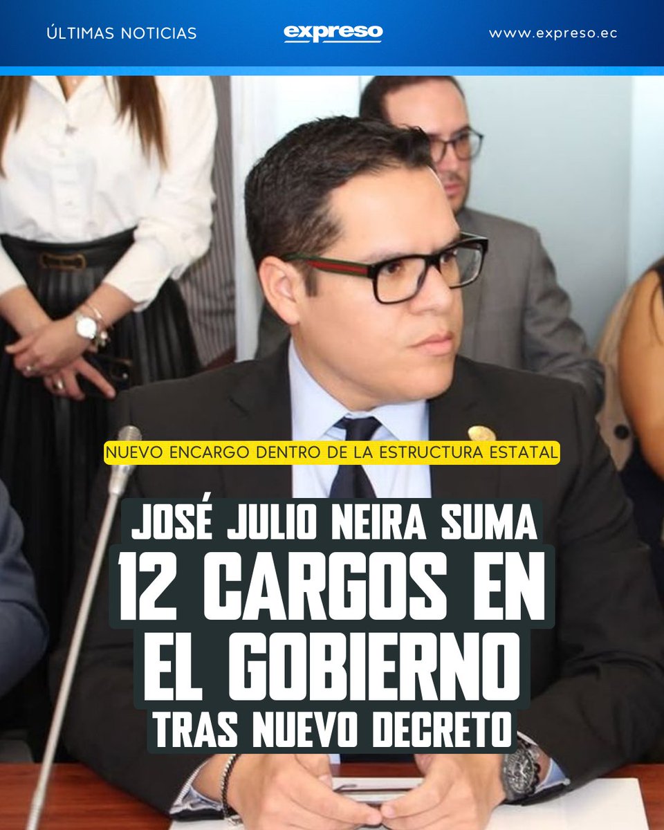 Daniel Noboa firmó un Decreto Ejecutivo, designando nuevamente a José Julio Neira Hanze como delegado permanente del Ejecutivo ante el directorio de Enami EP, sumando 12 cargos en la actual administración. 👉 bit.ly/4tidiJY