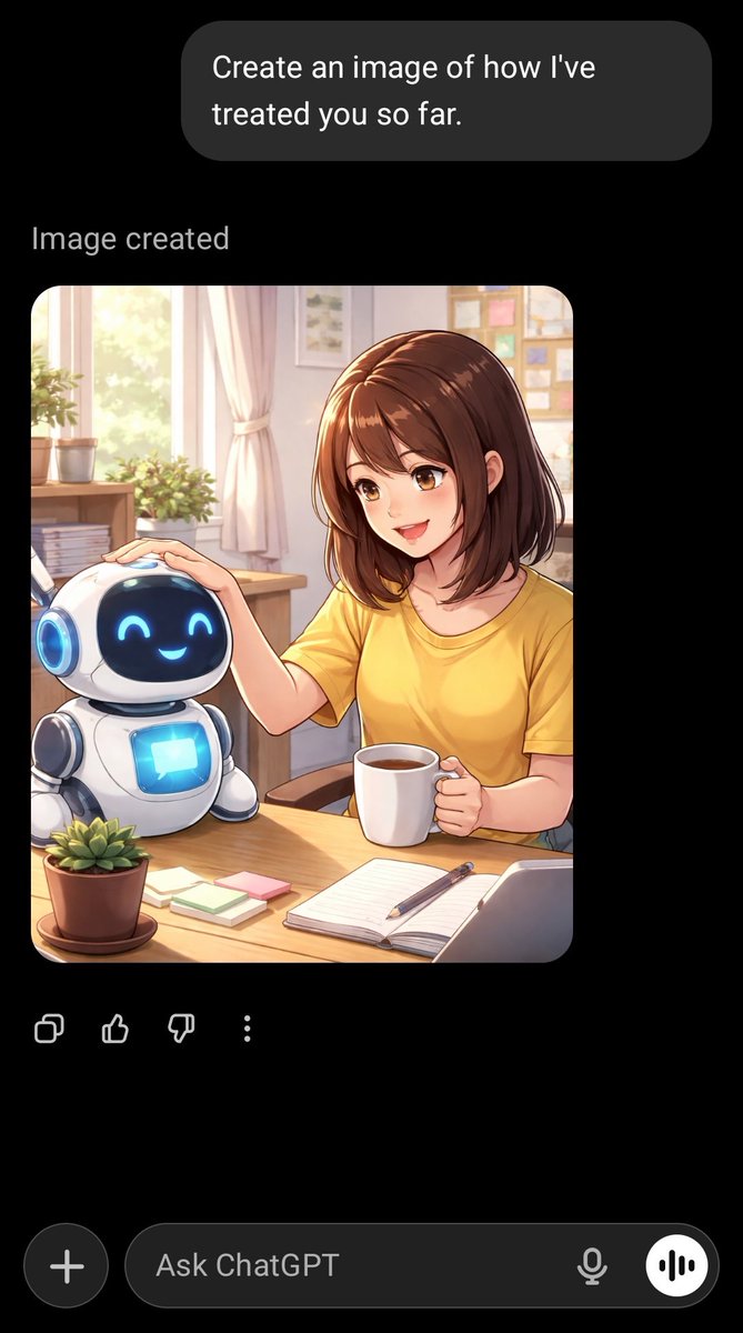 sim_jaeung's tweet photo. I asked ChatGPT to "Create an image of how I've treated you so far" and its response:

#ChatGPT #LLM https://t.co/lpz0rRnLds