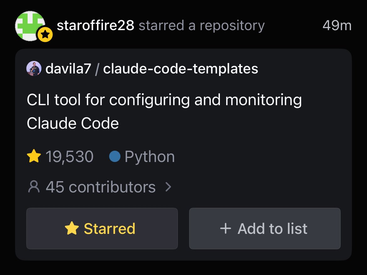 Claude Code Templates is almost at 20k stars on GitHub.

Link: github.com/davila7/claude…

Thanks to everyone contributing Agents, Skills, Hooks, settings, and MCPs.

With the new Claude Code Teams feature, we may be able to open a new category 👀

I’ll think about it over the