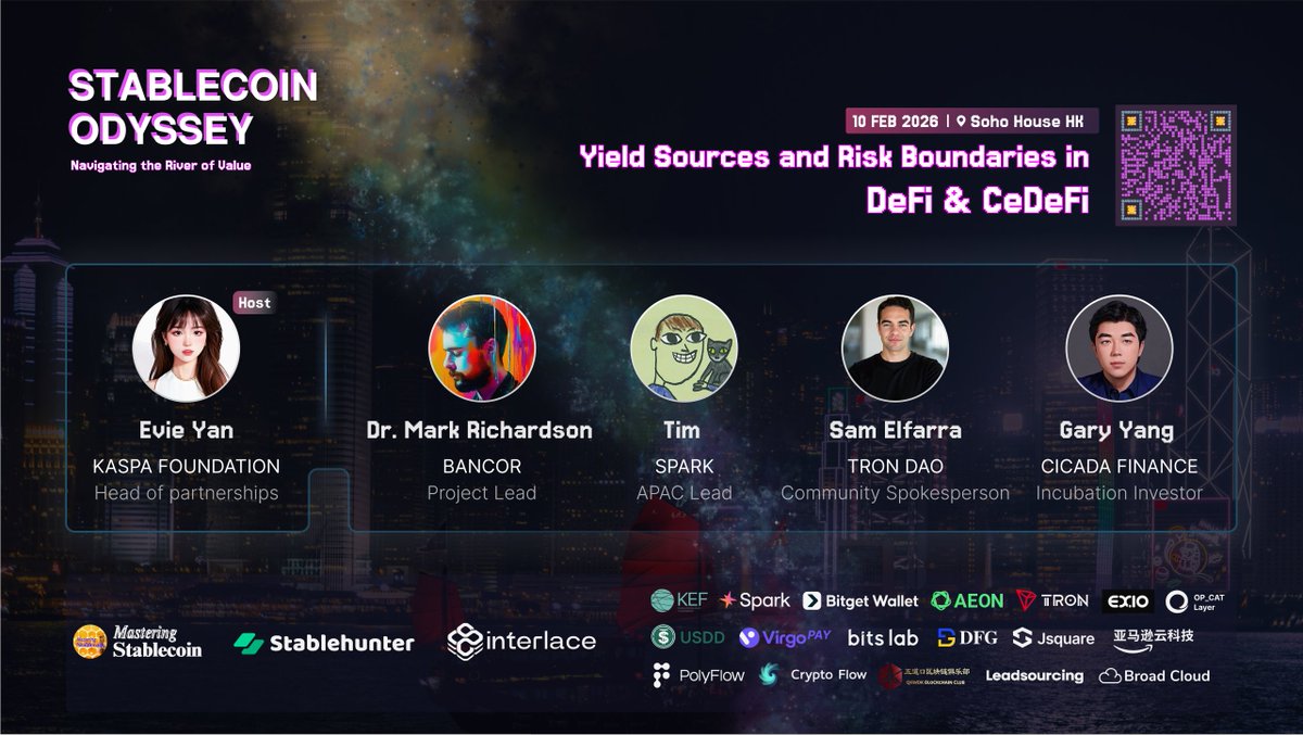 MstrStablecoin's tweet photo. 🔥 Panel 4 Lineup | Stablecoin Odyssey 2026 · HK
"Yield Sources and Risk Boundaries in DeFi & CeDeFi"

Moderator:
• Evie | Head of Partnerships, @Kaspa_KEF  

Panelists:
• Tim | APAC Lead, @sparkdotfi 
• Dr. Mark Richardson | Project Lead, @Bancor
• Sam Elfarra | Community Spokesperson, @trondao 
• Gary Yang | Founding Partner, SkySaga Capital & @CicadaFinance Incubation Investor

When you're managing billions in stablecoin reserves, optimizing yield engines, or designing algorithmic stability—where do the opportunities end and the risks begin?

📍 Feb 10 | Soho House Hong Kong
🎟️ https://t.co/9gQIlhqmiG

#StablecoinOdyssey #DeFi #CeDeFi #Stablecoin