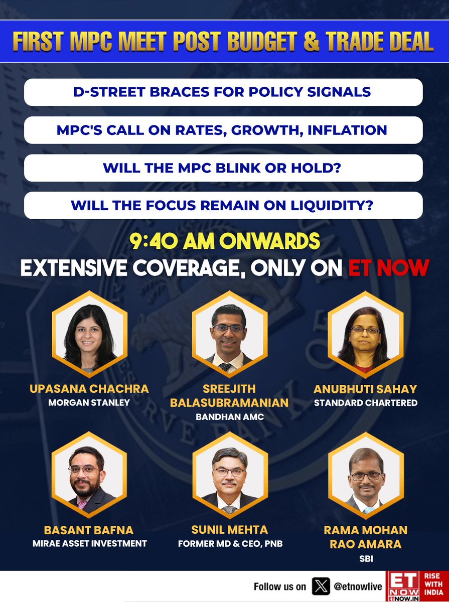 ETNOWlive's tweet photo. All eyes on the MPC

Rates, growth, inflation and liquidity in focus with the first policy meet after the Budget and trade deal. 

Watch live from 9:40 AM, #OnETNOW

@RBI @MorganStanley @bandhanmutual @StanChart @basantbafna @TheOfficialSBI #RBIMPC #MPCMeet https://t.co/odB3bd57eJ
