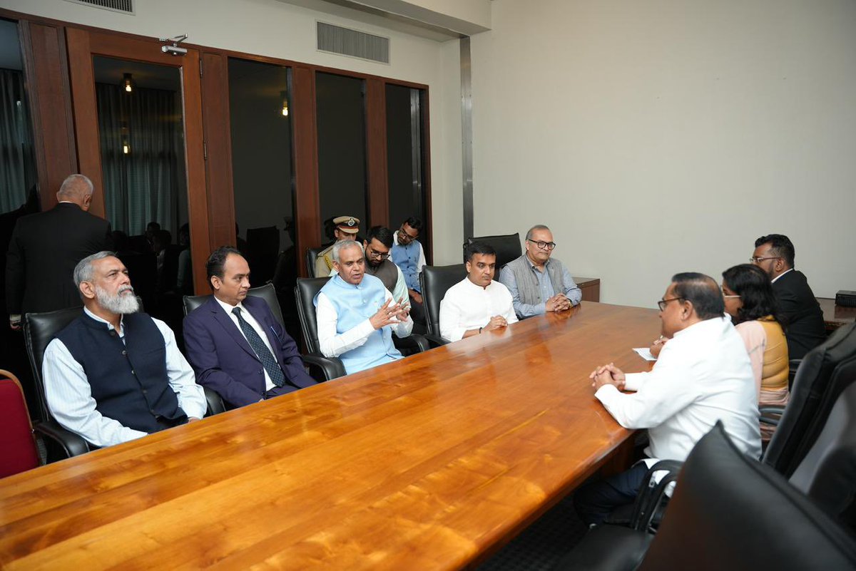 sanghaviharsh's tweet photo. Under the leadership of Gujarat Governor Shri @ADevvrat ji, meaningful and constructive interaction was held in Colombo with Sri Lanka’s Minister of Foreign Affairs, Foreign Employment and Tourism, Hon. Vijitha Herath.

Expressed gratitude for the overwhelming public response and deep reverence shown towards the Holy Devnimori Relics Exposition of Lord Buddha. Discussions also focused on strengthening people-to-people connect and enhancing cooperation in the tourism sector between India and Sri Lanka.

The interaction reflects the spirit of Hon. PM Shri @narendramodi ji’s Neighbourhood First policy and the enduring civilizational ties between the two nations.