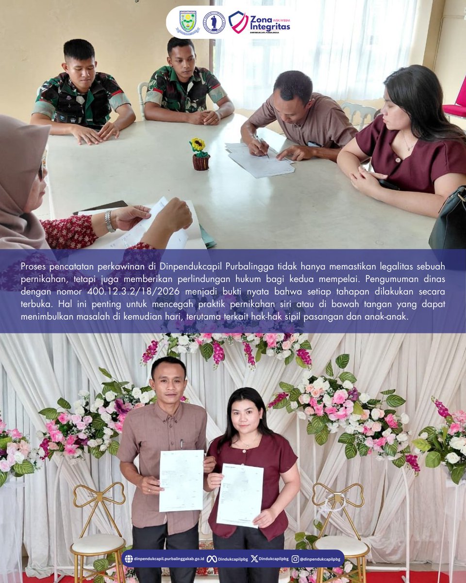 Momen spesial di Ruang Perkawinan Dinpendukcapil Purbalingga pada Kamis, 5 Februari 2026! Ignasius Ika Pranoto dan Yenida telah resmi mencatatkan pernikahan yang penuh makna. ✨

dinpendukcapil.purbalinggakab.go.id/article/pencat…

#Dukcapil #DukcapilPurbalingga #PemkabPurbalingga #Purbalingga