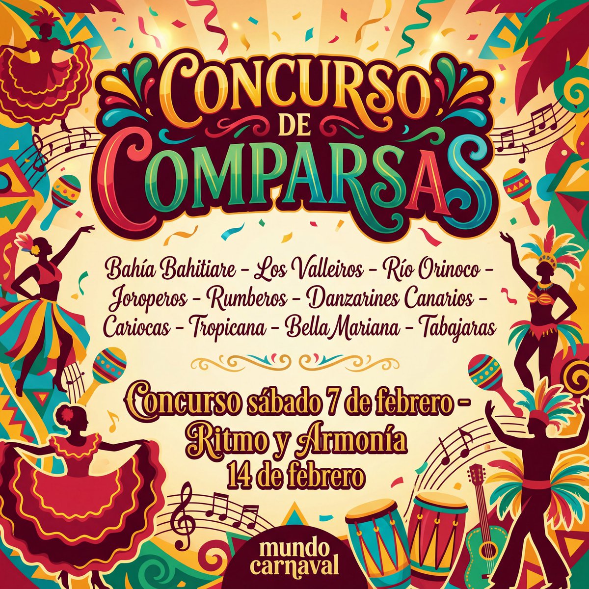 CONCURSO DE COMPARSAS
Sábado 7 de febrero a partir de las 20:00 horas, en el Recinto Ferial.
Con la actuación fuera de concurso de: Comparsa Tropicana Infantil, que cumple su 30ª aniversario y Comparsa Infantil Joroperos.
#CarnavalSC26 #SantaCruzdeTenerife #Tenerife