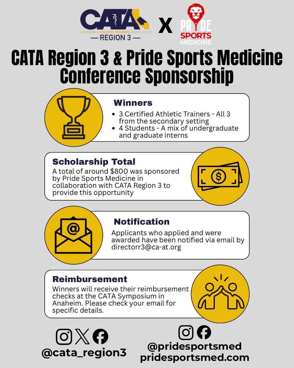 CATA_Region3's tweet photo. Congratulations to those who were awarded a sponsorship to CATA! We will see you there! 🎉

#cataregion3 #athletictraining #sportsmedicine https://t.co/12kAYF6lhn