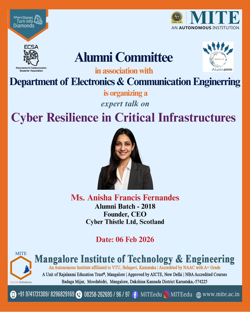 EceMite's tweet photo. The Alumni Committee, in association with the Department of ECE, is organizing an expert talk on ‘Cyber Resilience in Critical Infrastructures’ on 6/2/2026 by our distinguished alumna, Ms. Anisha Francis, Founder &amp; CEO of Cyber Thistle Ltd., Scotland. https://t.co/OOKDL878Z5