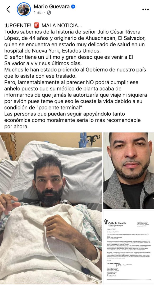 #Ahora || PRESIDENTE BUKELE AYUDARÁ A SALVADOREÑO EN ESTADO TERMINAL QUE BUSCA REGRESAR AL PAÍS. 🇸🇻🤍

El Presidente Nayib Bukele respondió al mensaje de Julio César Rivera López, un salvadoreño en estado terminal en Nueva York que desea volver a El Salvador para pasar sus