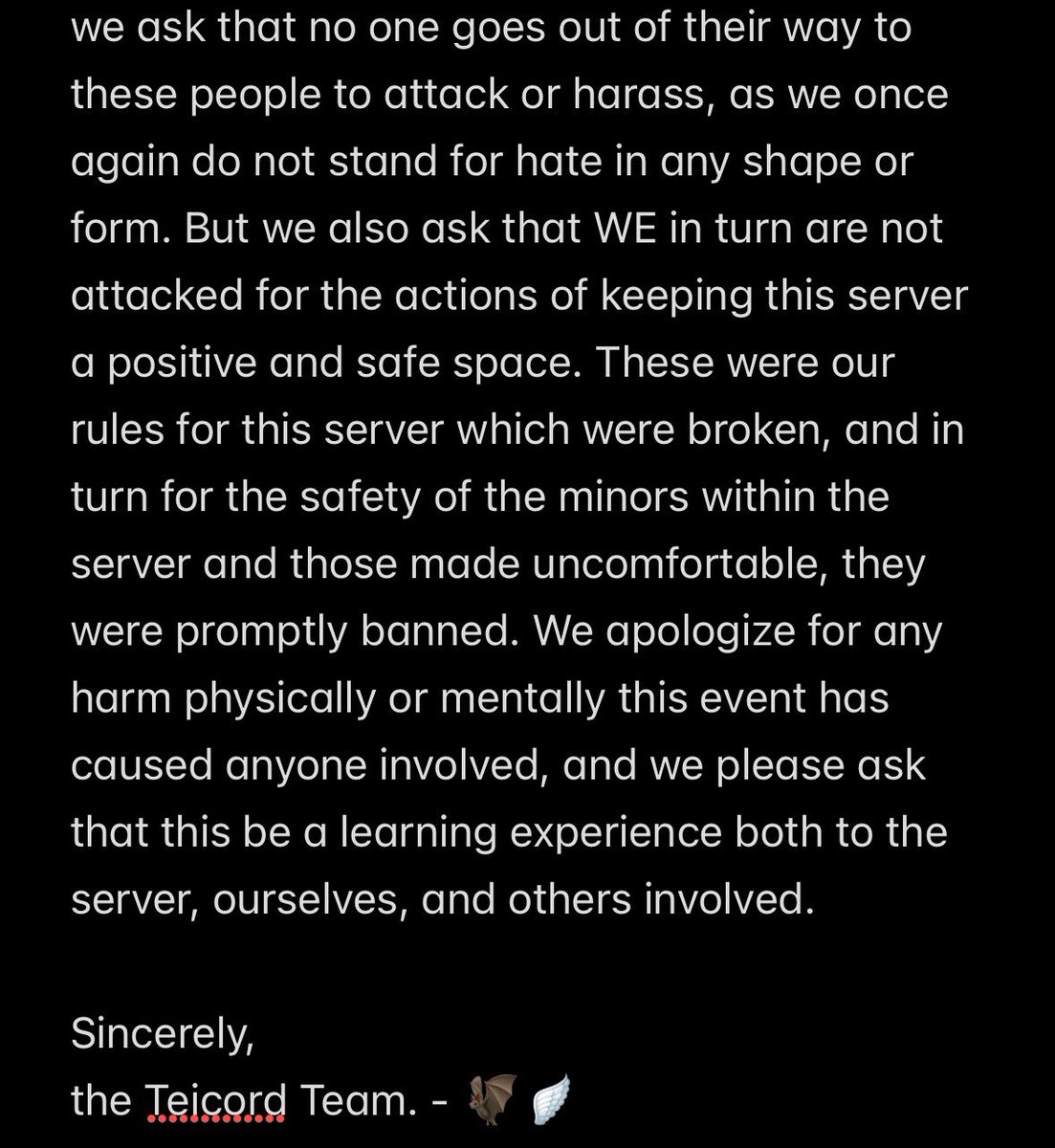 teicordOFFCIAL's tweet photo. Hello everyone. Weve been made aware of a few things happening regarding us as a server, so myself and the owner would like to clear some things up. (This is a repost!!!)
- 🦇 (sunny/co-owner) https://t.co/KMqVpwjKtN
