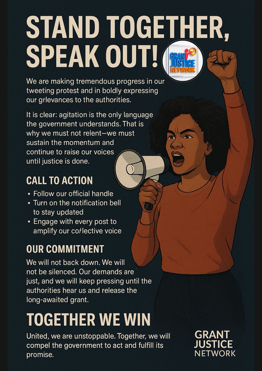 DecideGrant2025's tweet photo. ✊ Stand Together, Speak Out!
We’re making waves with our tweeting protest. The government must hear us: release the long-awaited grant!
Amplify your voice:  
✅ Follow
✅ Turn on notifications
✅ Engage with every post
Together, we are unstoppable.  
@elonmusk @atiku @PeterObi https://t.co/sCiaQRRixb