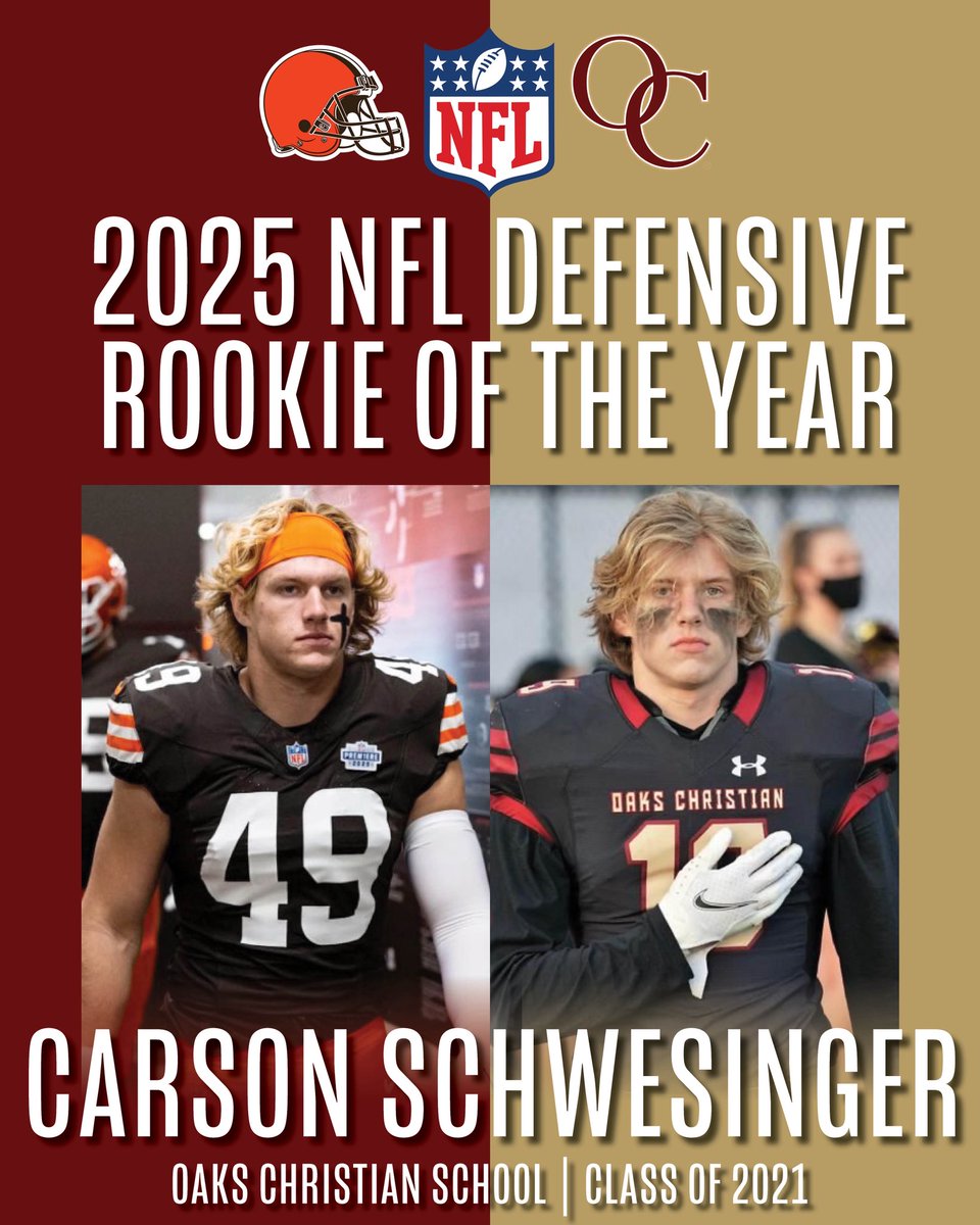 OaksChrstnLions's tweet photo. NFL DEFENSIVE ROOKIE OF THE YEAR
Carson Schwesinger, Class of 2021, has been named the 2025 NFL Defensive Rookie of the Year. Congratulations to Carson and the entire Schwesinger family! https://t.co/iwHTL5Pa5n