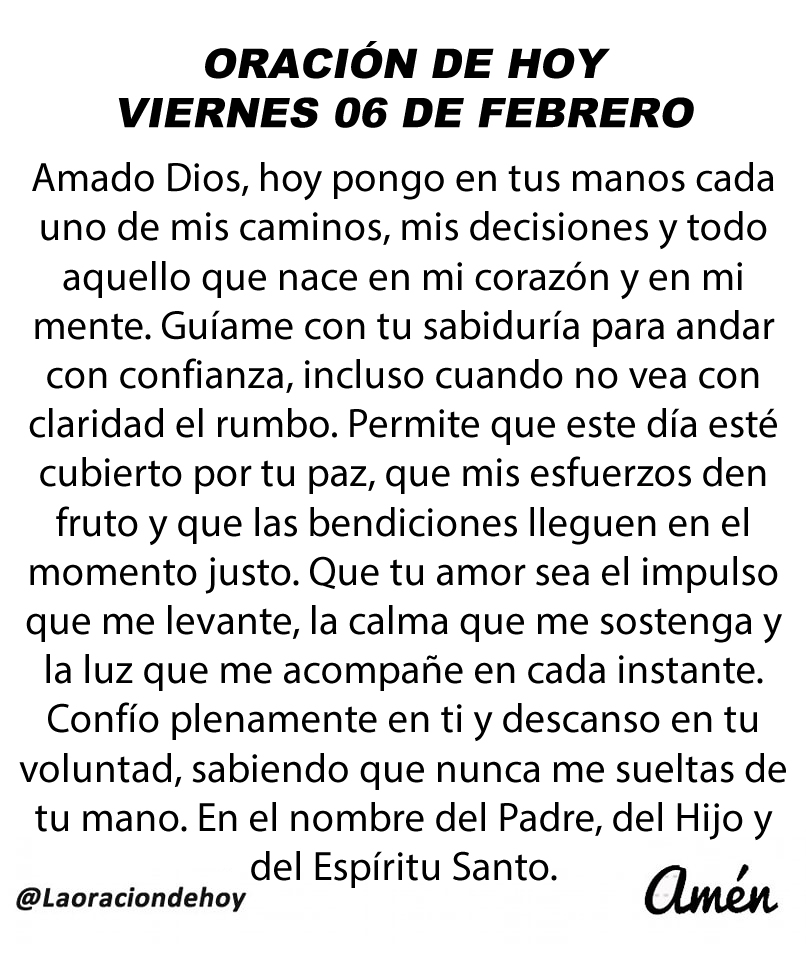 Oración diaria para hoy viernes 6 de febrero de 2026.