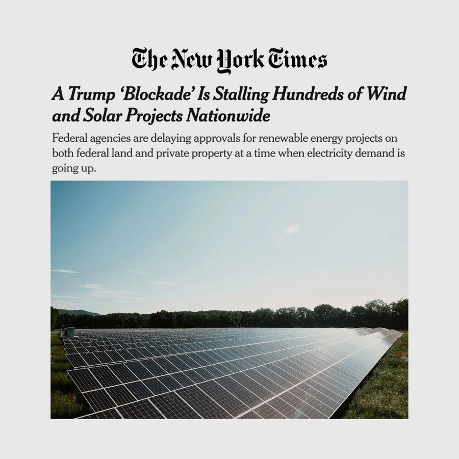 #TrumpIsUnfitForOffice    #wtpBLUE   WE THE PEOPLE   wtp2988
 
At a time when we need more energy and lower energy costs, the Trump administration has been halting or delaying federal approvals for solar and wind energy projects that were once seen as routine.