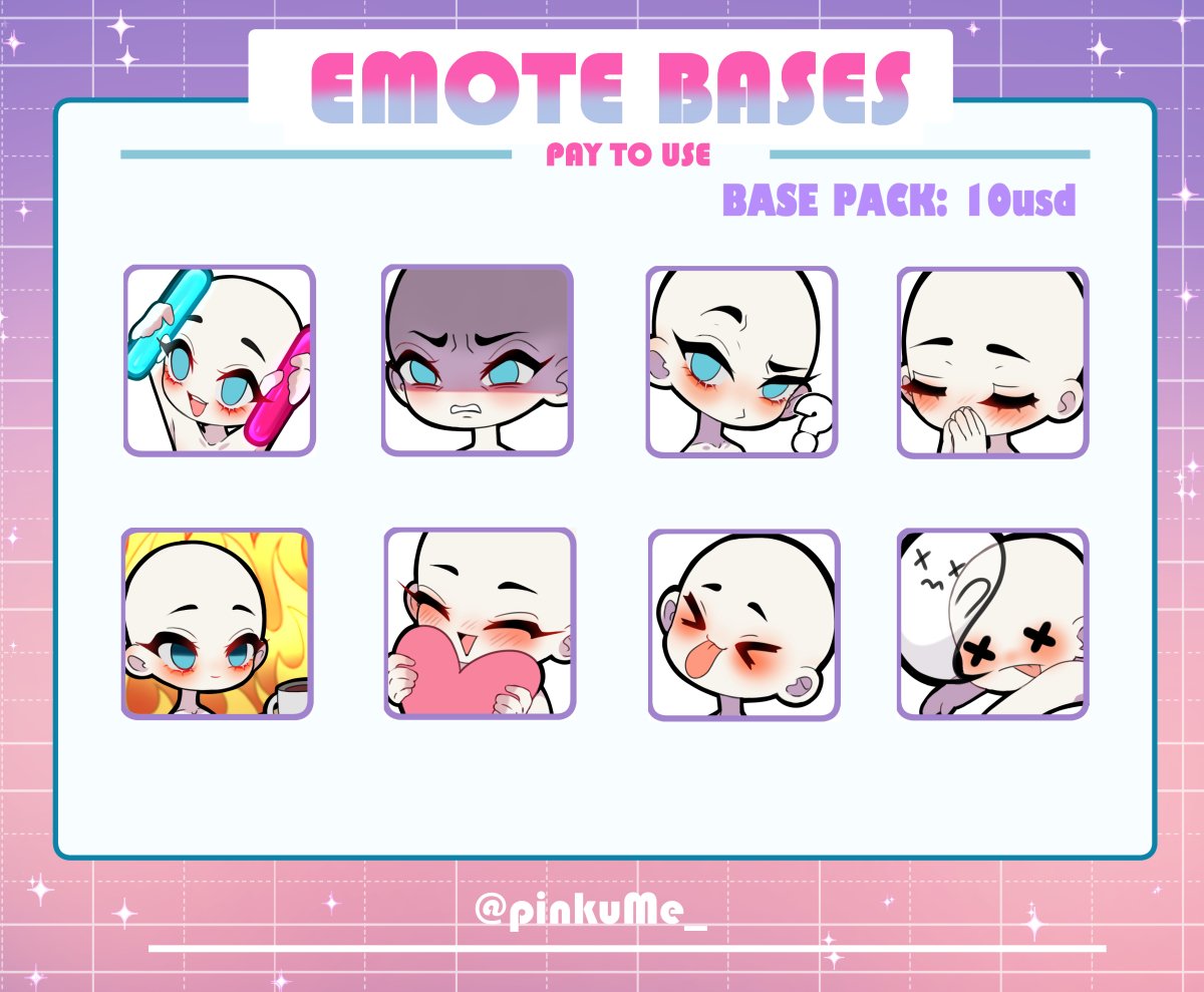Just a little reminder that I have more emote bases!

YES, you can use them for cmms / ych ❤️❤️

ko-fi.com/pinkume/shop/e…

#emotes #twitch
