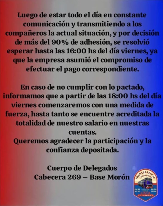 CiudadDeBondis's tweet photo. #AHORA 🚨
Paro DIVIDIDO en la Empresa 216

DE PARO desde las 00hs
🚫 #Linea166 a Palermo
🚫 #Linea236, #Linea504 Merlo, #Linea504 Ituzaingó, #Linea634

FUNCIONAN
✅ #Linea166 a Aeroparque
✅ #Linea269 #Linea395 #Linea441 #Linea443

Las que andan esperan a las 18hs a cobrar todo, sino pararán.