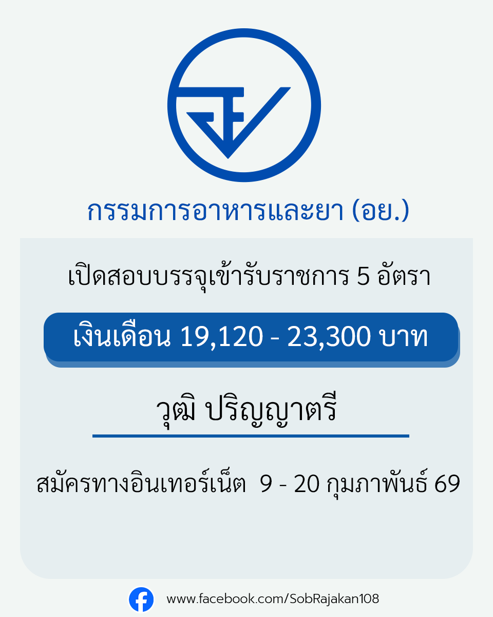 กรรมการอาหารและยา (อย.) เปิดสอบบรรจุเข้ารับราชการ ปริญญาตรี 
รายละเอียด job4k.com/postfda-id279/