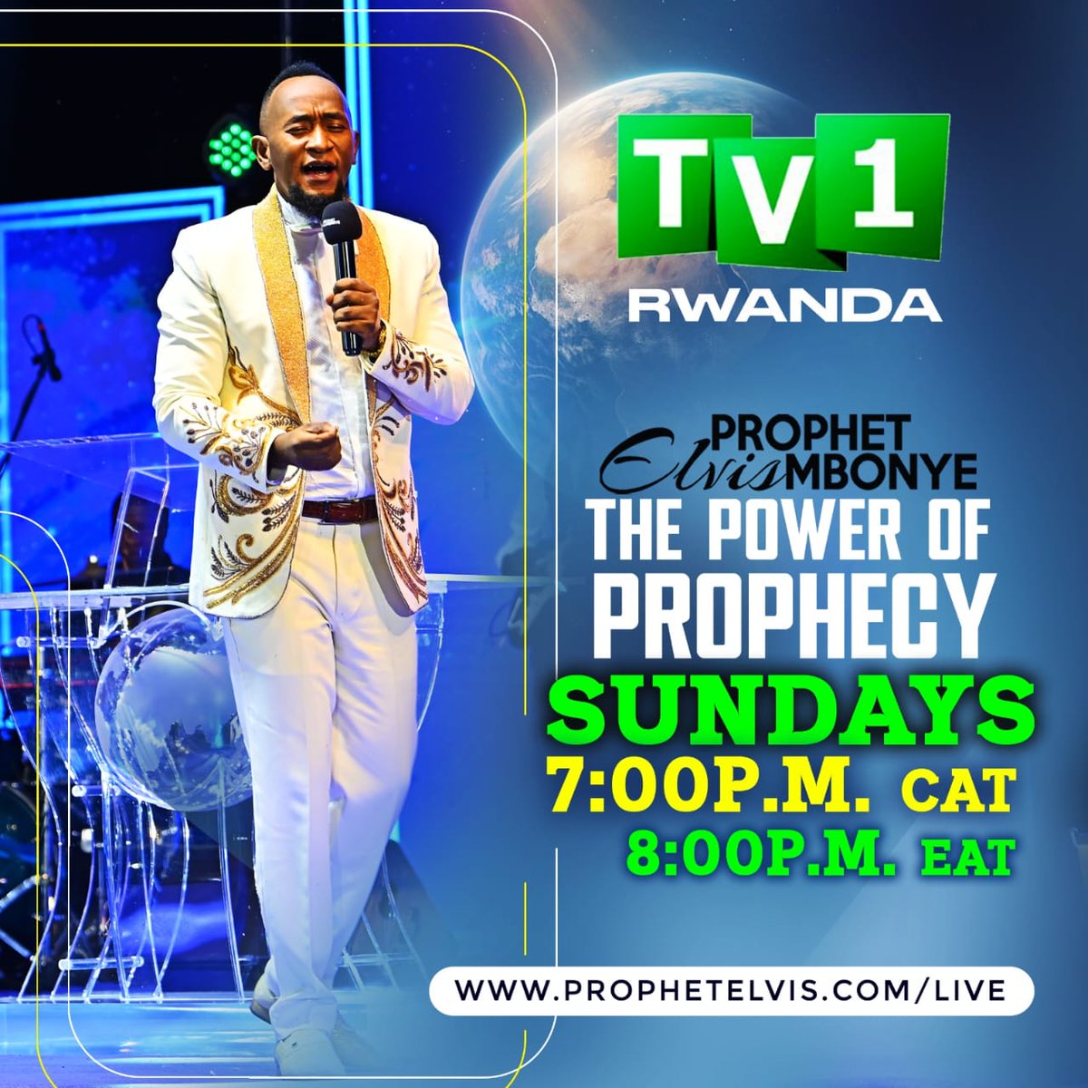TV1Rwanda's tweet photo. 𝗧𝗛𝗘 𝗣𝗢𝗪𝗘𝗥 𝗢𝗙 𝗣𝗥𝗢𝗣𝗛𝗘𝗖𝗬. Catch Prophet Elvis Mbonye in an epic broadcast Sunday 8th February 2026 at 7pm on TV1.
Don’t miss out!
#prophetelvismbonye https://t.co/ttlpAwB3Le