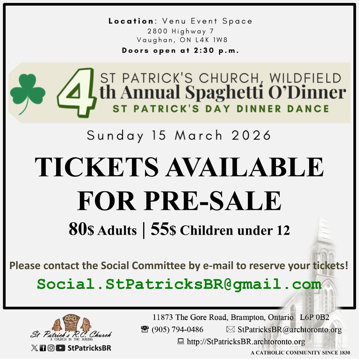 Tickets to our 4th Annual Spaghetti O'Dinner, celebrating our parish feast, are available for pre-sale starting this weekend (7/8 February)!
Tickets will be made available for pick-up starting next weekend (14/15 February).