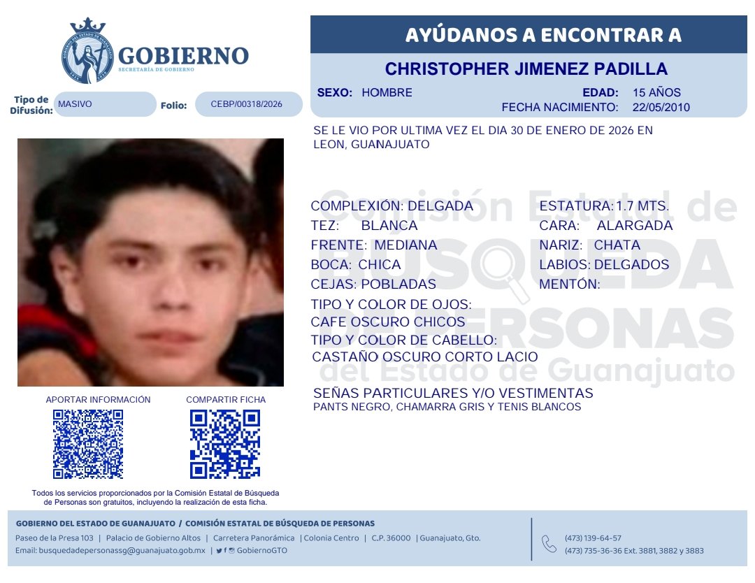 🔍👤 ¿Lo has visto?
Tu apoyo puede marcar la diferencia. 
Si tienes algún dato que ayude a localizar a Chistoper Jiménez Padilla, compártelo con nosotros. Cada información suma. 
📞 473 735 3636 ext. 3881 | 473 139 6457.
#BúsquedasGto 🚨