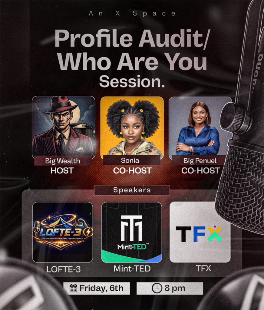 🎙️ An X Space: Profile Audit / Who Are You Session

This Space is about your profile and personal brand.
 When people visit your profile, do they understand you fast… or get confused?

We’ll look at profiles, talk about what they show, and explain how to make them clear,