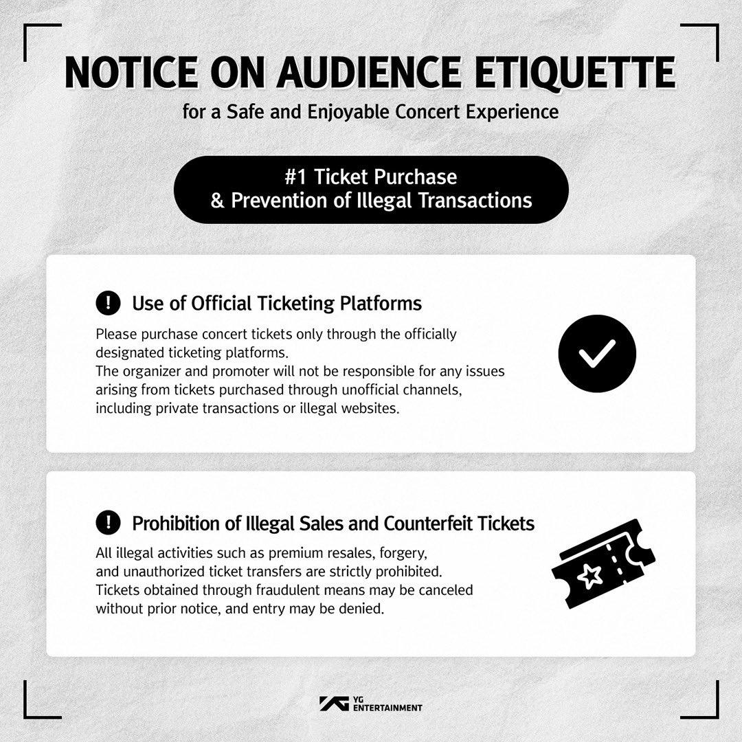 yginnercircle's tweet image. Notice on Audience Etiquette for a Safe and Enjoyable Concert Experience

#YGNOTICE #CONCERT #ETIQUETTE #YG
