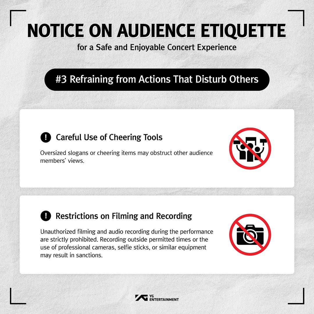 yginnercircle's tweet image. Notice on Audience Etiquette for a Safe and Enjoyable Concert Experience

#YGNOTICE #CONCERT #ETIQUETTE #YG