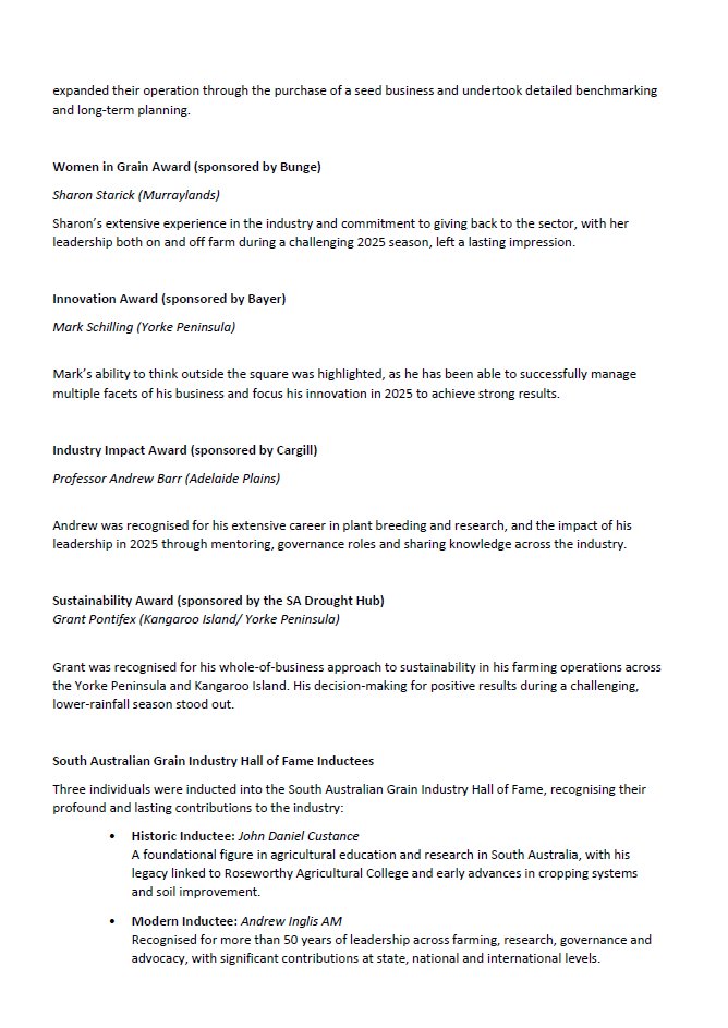 GrainProducerSA's tweet photo. MEDIA RELEASE: The state’s top grain producers and industry leaders have been honoured at the 2025 South Australian Grain Industry Awards on Tuesday, with the announcement of award winners and new Hall of Fame inductees at Adelaide Oval last night. Read our Media Release in full below: