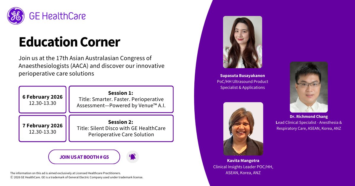 waraleebme's tweet photo. 🌟 Join GE HealthCare at #AACA2026! 🌟
Don’t miss our Education Corner sessions on smarter, faster perioperative innovations.
📅 Feb 6: Perioperative Assessment—powered by Venue™ A.I.
📅 Feb 7: Silent Disco ✨
👉 Visit Booth G5
#PerioperativeCare #Anesthesia #MedTech https://t.co/68uz7OdRFl