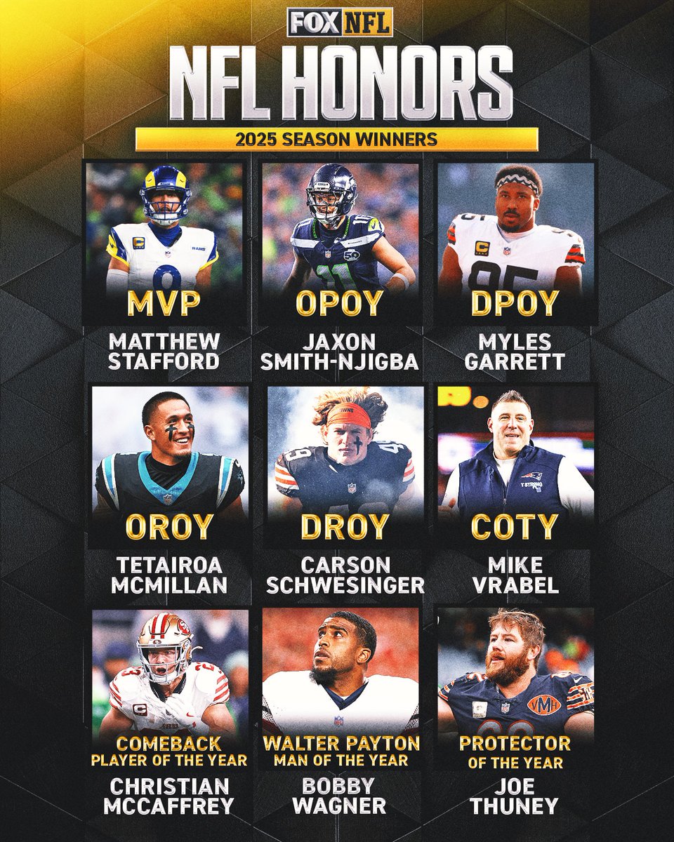 NFLonFOX's tweet photo. Your 2025 NFL Honors winners 🏆🏈👏 https://t.co/YjVqExNprN
