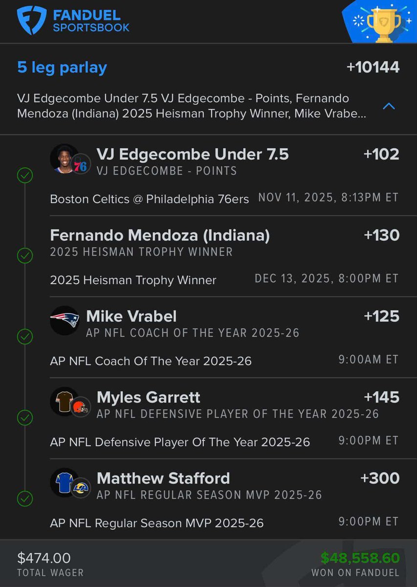 $474 TURNS INTO $48K AFTER STAFFORD WINS MVP BY ONE VOTE 😱

NFL AWARDS SCRIPT ✅ 
MENDOZA HEISMAN ✅
VJ EDGECOMBE UNDER 7.5 POINTS (?) ✅

THIS TICKET IS INSANE.

(IG: youssef_harding)