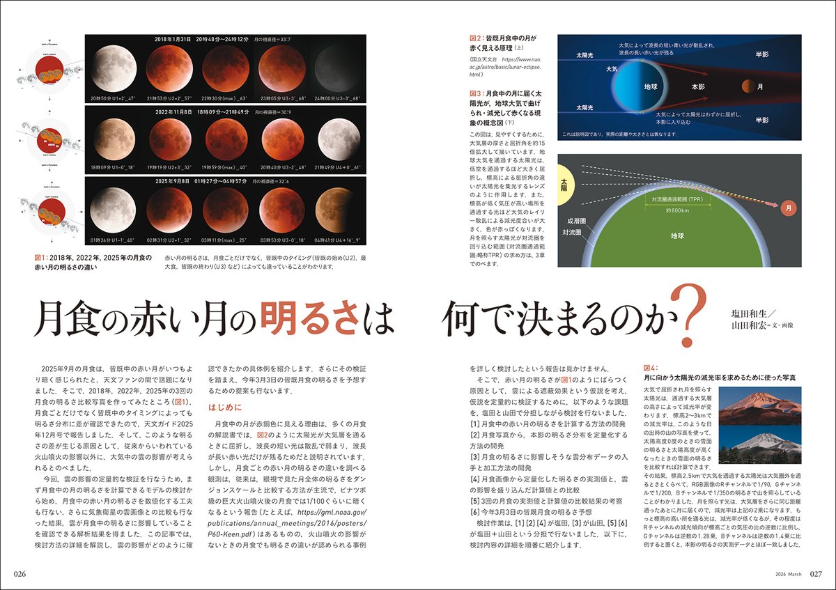 tenmonguide's tweet photo. ■ 月食の赤い月の明るさは何で決まるのか？　

3月3日の宵、日本全国で皆既月食が起こります。

月は18時50分に東の空で欠け始め、20時04分には皆既食となります。
皆既食は21時03分に終わり、その後月は元の姿にもどっていき、22時18分に部分食が終わる観察しやすい皆既月食です。

皆既中の赤銅色の月の明るさが毎回異なりますが、この明るさの違いについて、これまでに起こった皆既月食の条件を比較して解説、さらに今回の皆既月食の明るさを予測します。