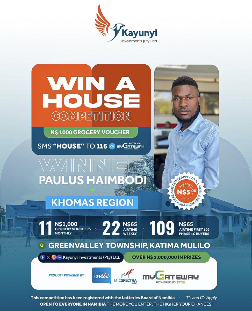 kayunyipty's tweet photo. Grocery Vouchers give away of N$1000.00 monthly, with 11 winners that will receive their voucher codes monthly. 
Congrats to Paulus Haimbodi from the Khomas Region. 
Have you entered yet? What are you waiting for, sms “House” to 116, each sms costs N$5.00.
#smshouse116 https://t.co/Ru7aF0Mr79