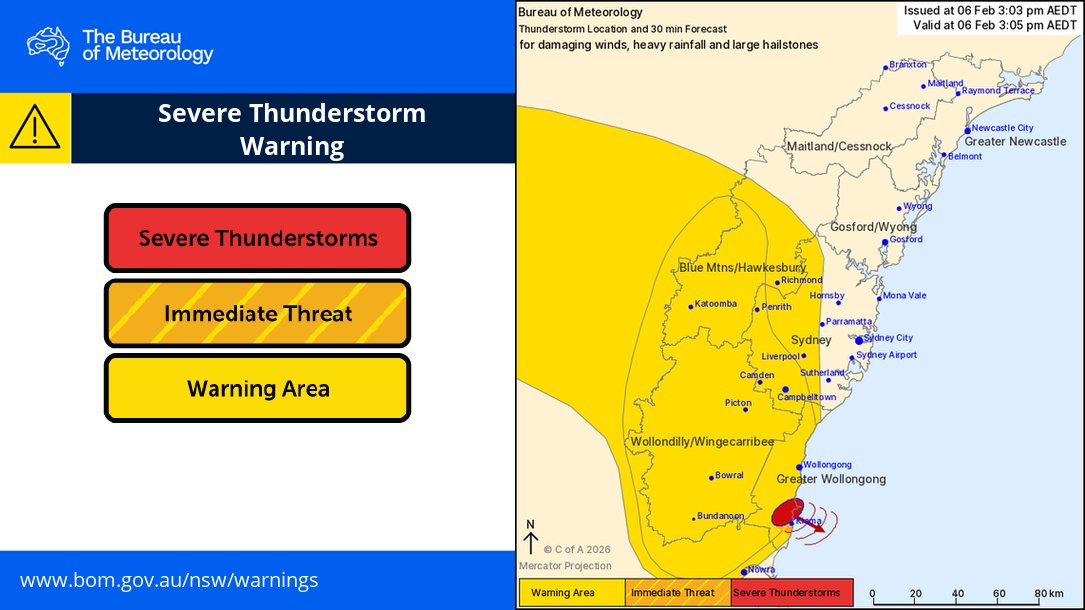 BOM_NSW's tweet photo. ⚠️⛈️ 3:03pm: Detailed Severe Thunderstorm Warning for damaging #wind, heavy #rainfall and large #hail in parts of the Greater #Wollongong area.
A severe storm near #Kiama may produce damaging wind gusts, flash #flooding and large hail.
Details: https://t.co/3a1YcqXSv3 https://t.co/jZjloOQerY