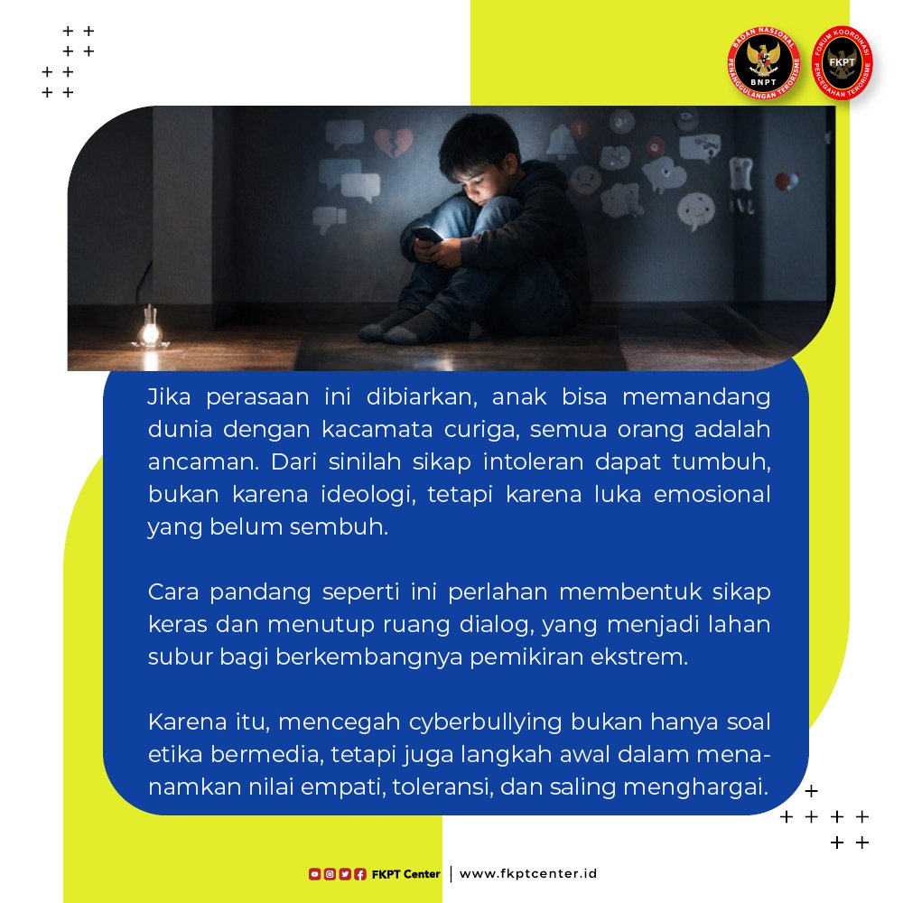 fkptcenter's tweet photo. Ejekan di layar bisa mengubah cara anak memandang dunia.
Hentikan cyberbullying sebelum empati berubah jadi kebencian.

#StopCyberbullying #LukaDigital #Empati #RuangDigitalSehat #FKPT
#BNPT
#SiapJagaIndonesia
#CegahTerorisme https://t.co/lzGlnbIv8C