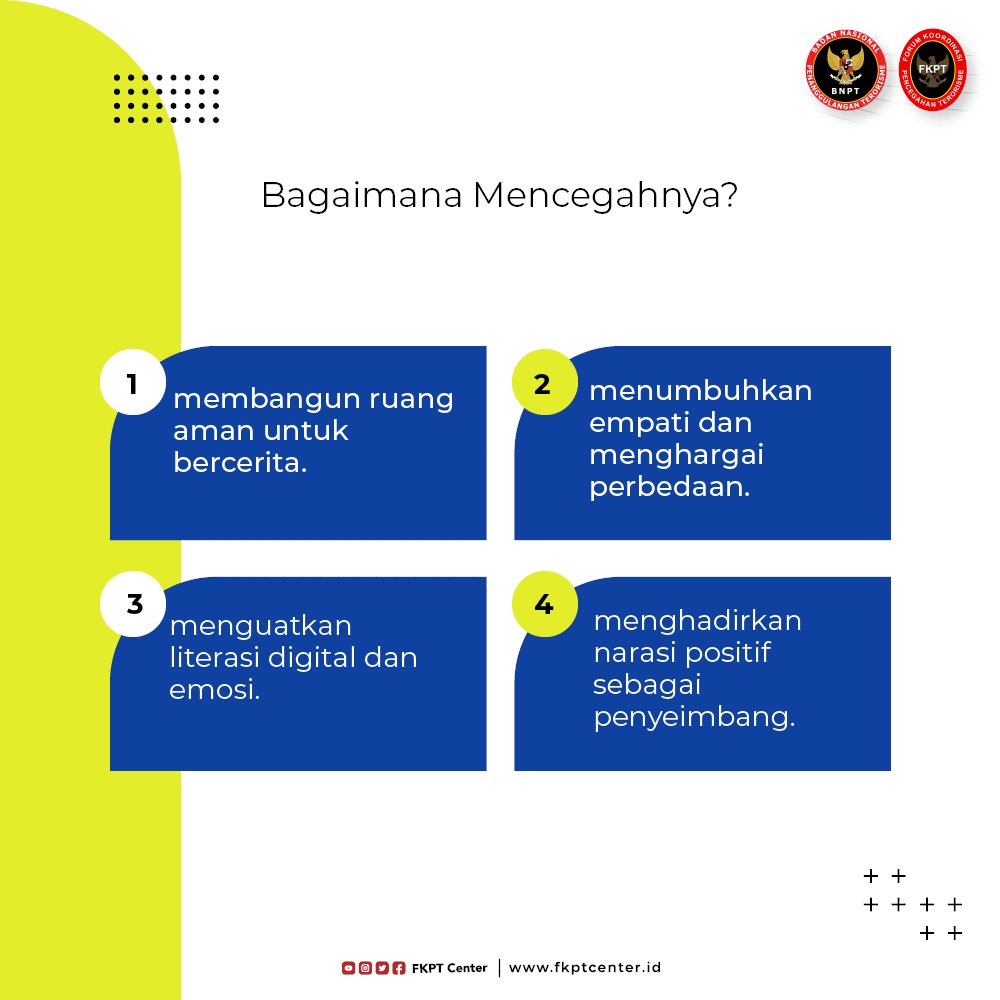 fkptcenter's tweet photo. Ejekan di layar bisa mengubah cara anak memandang dunia.
Hentikan cyberbullying sebelum empati berubah jadi kebencian.

#StopCyberbullying #LukaDigital #Empati #RuangDigitalSehat #FKPT
#BNPT
#SiapJagaIndonesia
#CegahTerorisme https://t.co/lzGlnbIv8C
