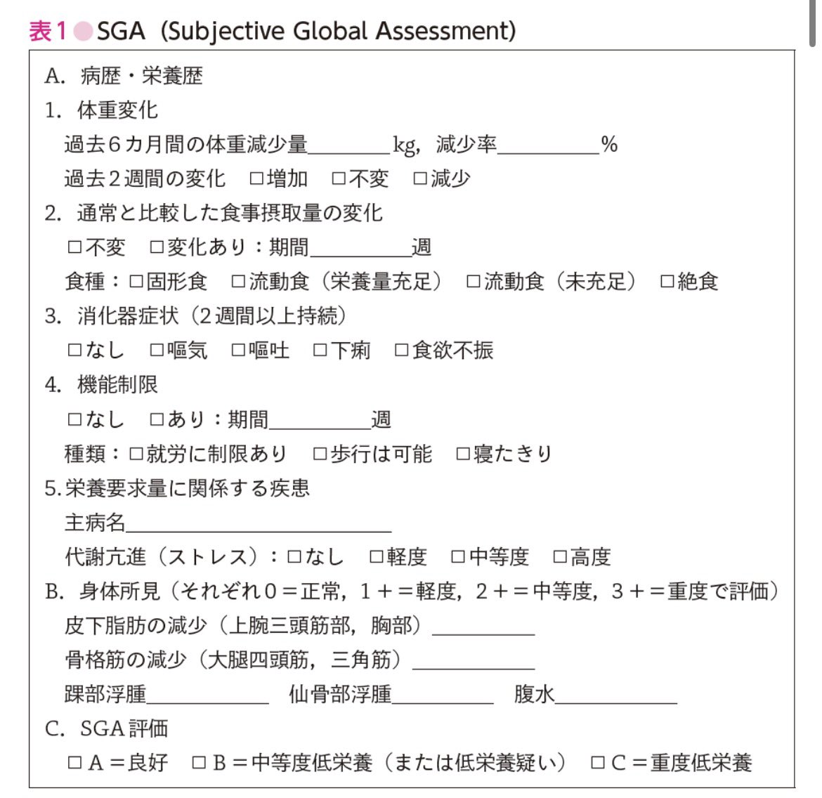 【国試対策】

リクエスト頂いてた栄養について💕

🔍SGAとMNAとGLIMの違いをマスター

✅SGA,MNAはスクリーニング
GLIMは診断って覚えるのよ💕

✅SGAとMNAの違い

MNAは高齢者の低栄養チェック用💕

SGAは体重変化（BMI等❌）
MNAはBMIや下腿周囲長や神経精神系の項目ありよ💕