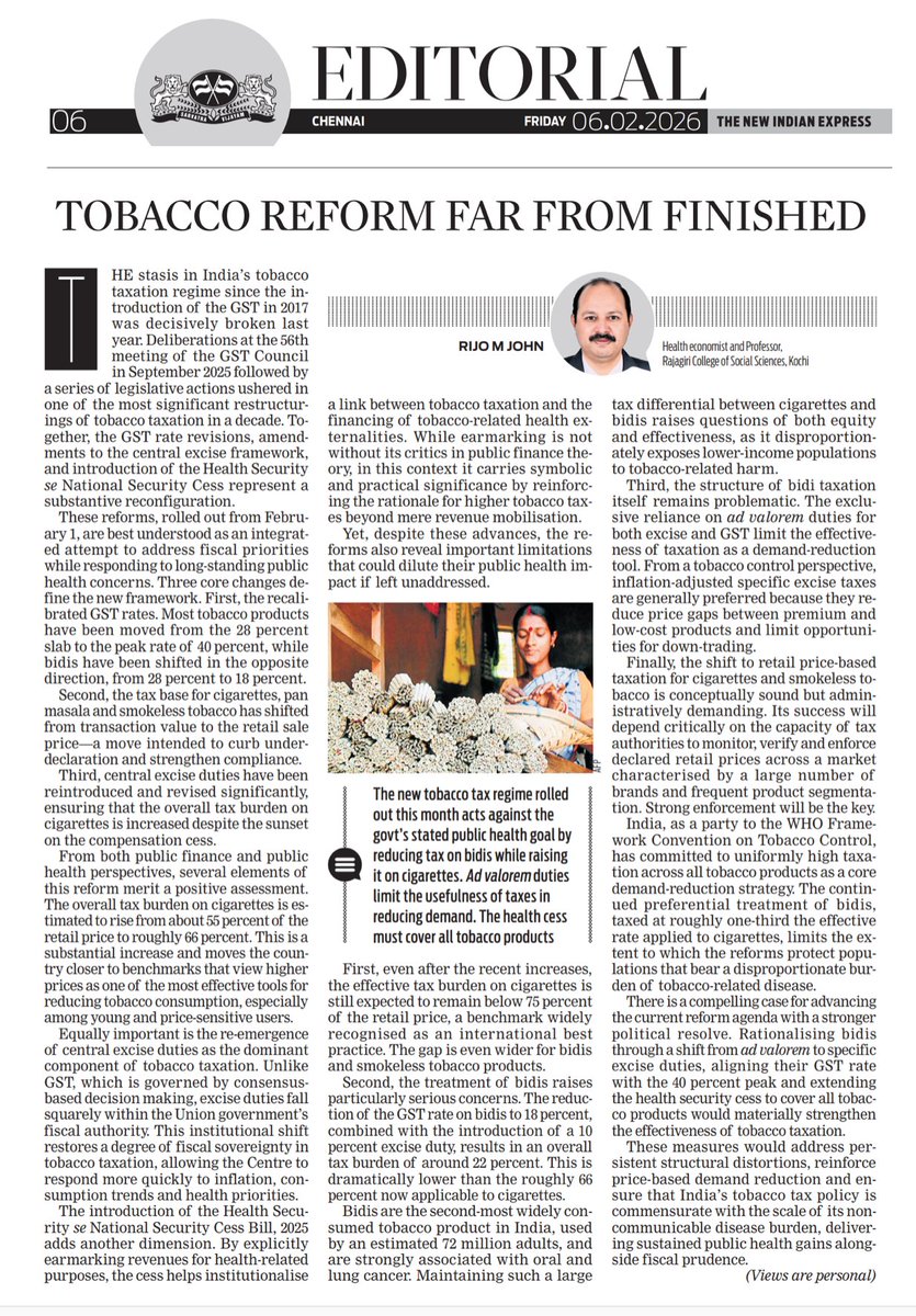 RijoMJohn's tweet photo. In my op-ed for @NewIndianXpress, I examine India’s recent tobacco taxation overhaul. Major changes to GST &amp; excise duties effective 1 Feb 2026. While the reforms fundamentally reshape tobacco taxation, significant challenges remain, particularly the taxation of bidis. https://t.co/xbu3Wjp3og