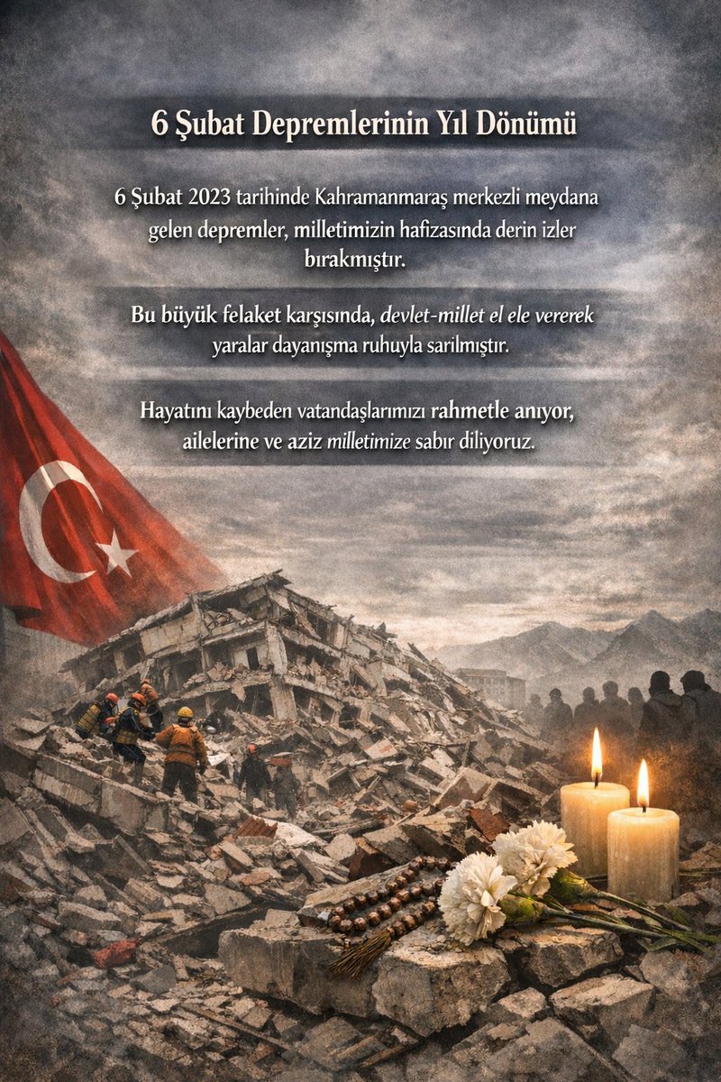 🕊️ 6 Şubat Depremlerinin Yıl Dönümü 🕊️
6 Şubat 2023 tarihinde Kahramanmaraş merkezli meydana gelen depremler, milletimizin hafızasında derin izler bırakmıştır.
Bu büyük felaket karşısında, devlet-millet el ele vererek yaralar dayanışma ruhuyla sarılmıştır.
Hayatını kaybeden