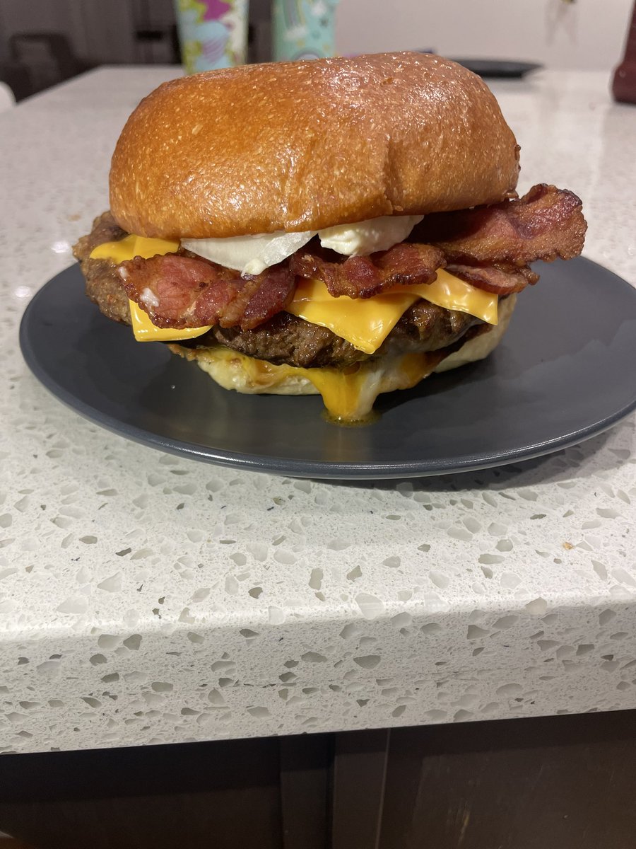 Wife was craving burgers , made two half pound patties with really good ground. Fresh toasted bun three different cheeses . Double smoked alder bacon and fresh onion