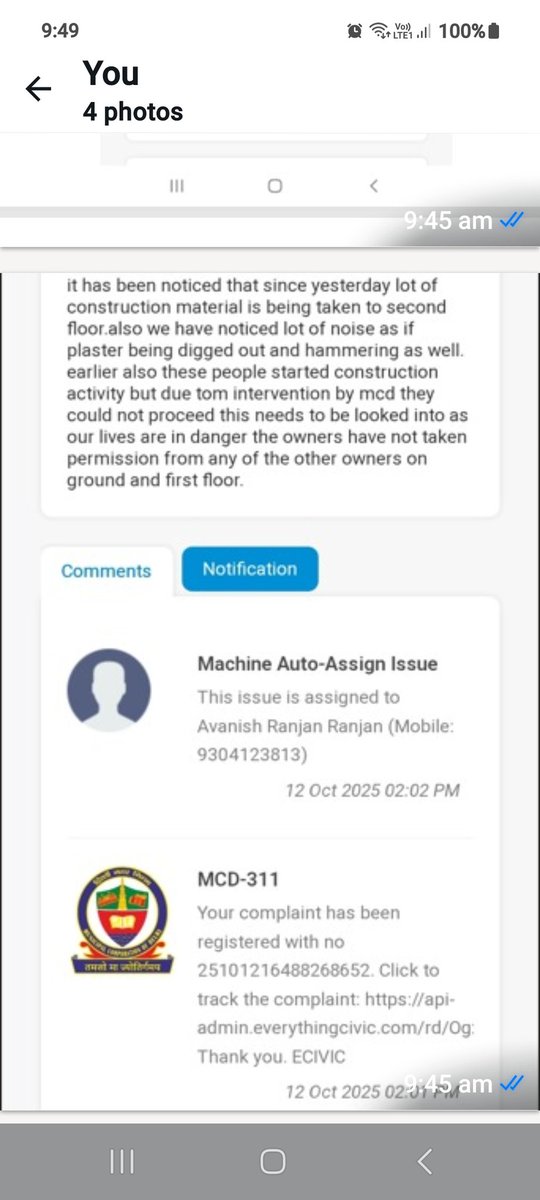We hv been making complaints to <a href="/LtGovDelhi/">LG Delhi</a> <a href="/MCD_Delhi/">Municipal Corporation of Delhi</a> <a href="/DelhiPolice/">Delhi Police</a> <a href="/CMODelhi/">CMO Delhi</a> about illegal construction on our >25 years old GF &amp; FF by second floor owner
But no action to stop the construction